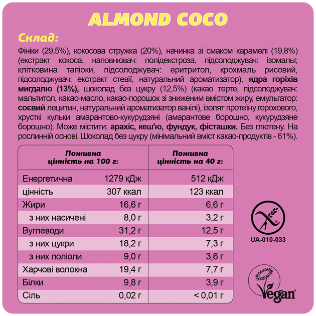 Батончик Almond Coco без сахара без глютена FIZI 40 г - Фото 2 Батончик Almond Coco без сахара без глютена FIZI 40 г - изображение 2