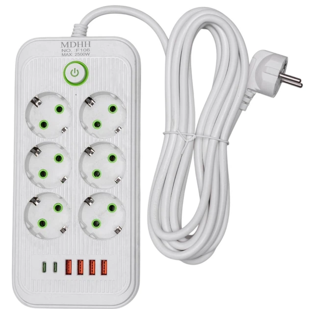 Мережевий фільтр кабель подовжувач 5 м на 6 розеток з USB портами 4 USB 2 Type-C і кнопкою відключення розгалужувач з заземленням вимикачем із захистом від перенапруги телефону ноутбука гаджетів для дому офісу - зображення 2