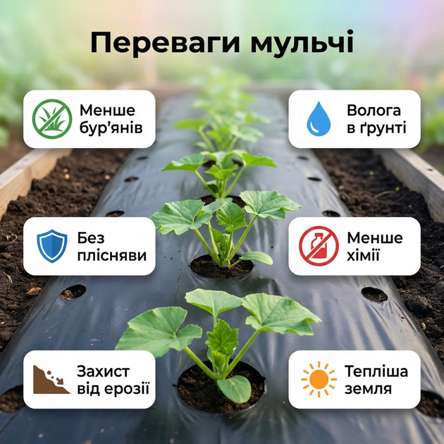Плівка мульча Shadow 1х10м 30мкм для мульчування грунту овочів з перфорацією УФ стабілізація 2 отвори - Фото 2 Плівка мульча Shadow 1х10м 30мкм для мульчування грунту овочів з перфорацією УФ стабілізація 2 отвори - зображення 2