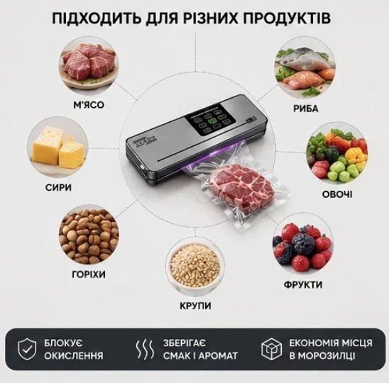 Вакууматор для продуктів Zepline ZP-00356 200 Вт Вакуумний пакувальник із сенсорним LED-дисплеєм та різаком(15-Vol) - изображение 2