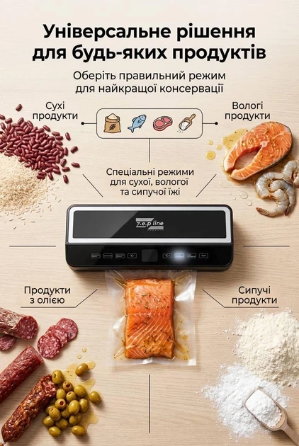 Вакуумний пакувальник Zepline ZP-00374 200 Вт вакууматор для продуктів з LED підсвіткою запайник пакетів + 20 пакетів(17-Vol) - изображение 2