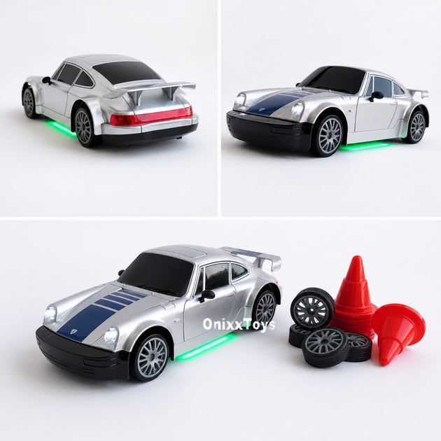 Дрифт машинка Порш с подсветкой неоновой Машинка для дрифта Porsche 911 на радиоуправлении Свет 21 см Silver - изображение 4