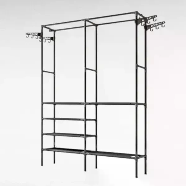 Вешалка напольная Double Pole NF6602 4 YL8106 2 телескопическая для одежды и обуви с двумя стойками для хранения вещей размером 107х36х173 см Черная металлическая конструкция с регулировкой высоты для дома офиса и гардероба - изображение 2