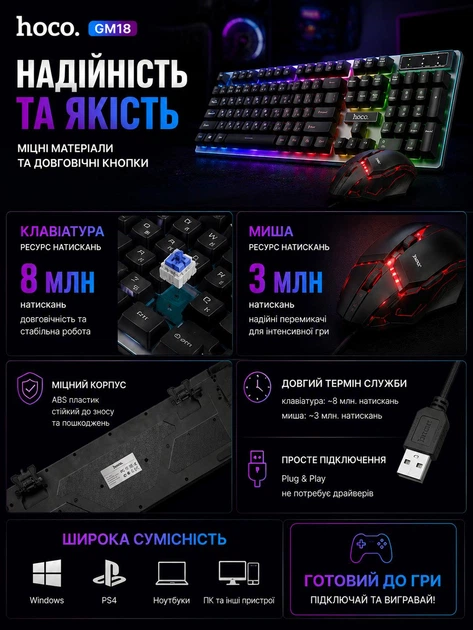 Игровой комплект проволочная мембранная клавиатура с мышью HOCO GM18 двуязычная раскладка RU/ENG мышь и клавиатура с подсветкой RGB набор геймерский для ПК и ноутбука Черный - изображение 2