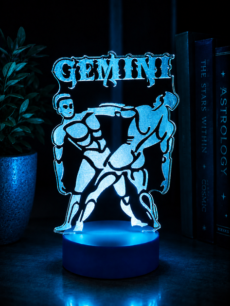 3D ночник Близнецы Gemini/на батарейке/ из акрила на синий LED-подставке/декоративный светильник/Знак зодиака - изображение 8