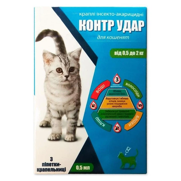 Краплі Контр Удар ( Контрудар) для котів від бліх та кліщів до 2кг (3піп) - Фото 1 Краплі Контр Удар ( Контрудар) для котів від бліх та кліщів до 2кг (3піп) - изображение 1