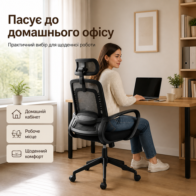 Эргономичное офисное компьютерное кресло с подголовником, сетчатой спинкой, подлокотниками и 5 колесами, выдерживающее нагрузку до 120 кг, черное - изображение 7