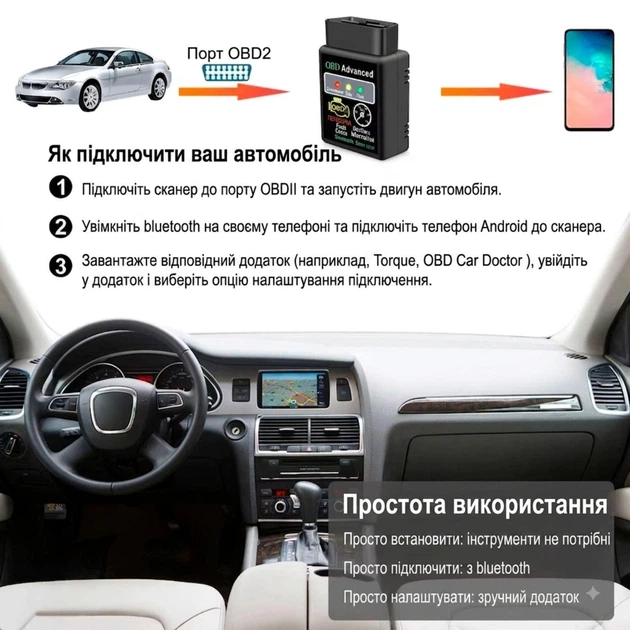 Автосканер диагностический OBD Advanced Bluetooth, OBD2 сканер для диагностики авто, ELM327 с индикацией, v1.5 - изображение 6