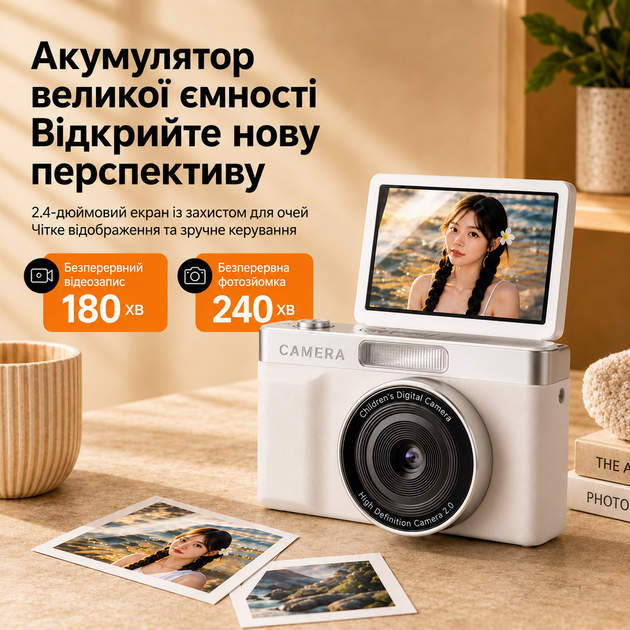Цифровий фотоапарат Z006 96 Мп 1080P з відкидним екраном 180°, автофокусом, 8× зумом та картою пам'яті 32 ГБ, білий - изображение 7