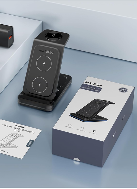 Беспроводная зарядная станция 3 в 1 MANKIW 15 Вт для iPhone, Apple Watch и AirPods, складная - изображение 2