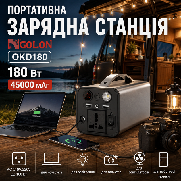 Портативна електростанція OKD180 45000 мАг 180 Вт для дому та поїздок, зарядна станція з розеткою 220 В, 2 USB QC3.0 і DC 12 В - зображення 9