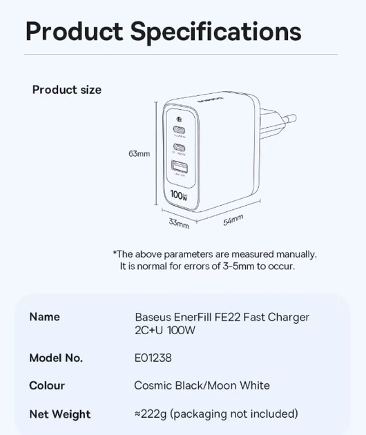 Зарядний пристрій Baseus 100W GaN USB-C, 2x Type-C + USB, швидка зарядка PD QC PPS для ноутбука і телефона FE22 - зображення 5