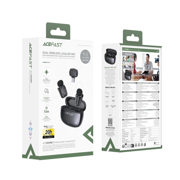 Беспроводная микрофонная система ACEFAST R2 dual-mic 20 часов работы ABS-пластик черный - изображение 2