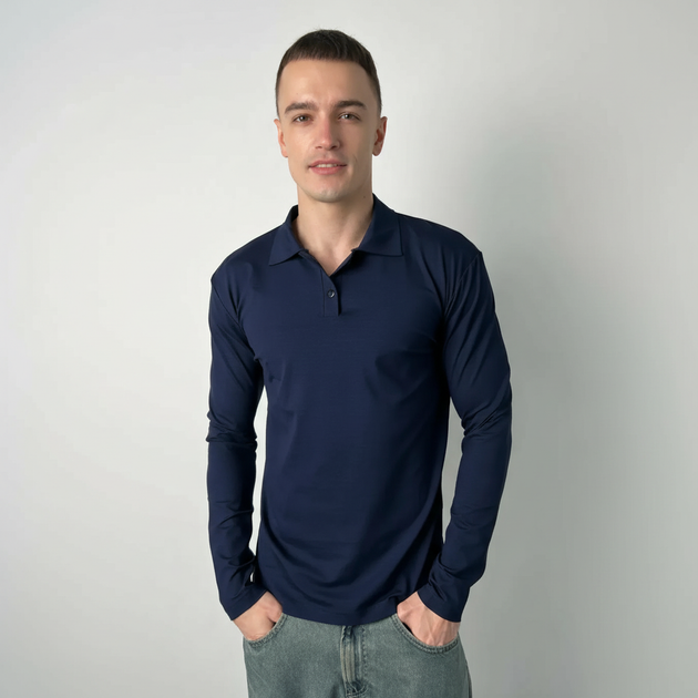 Поло чоловіче з довгим рукавом трикотаж синє, L-XL - Фото 2 Поло чоловіче з довгим рукавом трикотаж синє, L-XL - изображение 2