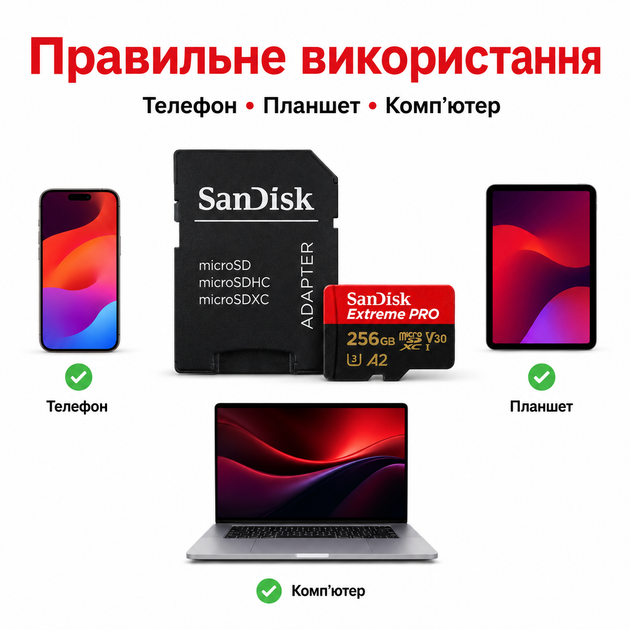 Карта пам’яті SanDisk Extreme PRO microSDXC 256GB UHS-I U3 V30 A2 200MB/s для телефона, планшета, комп’ютера + SD-адаптер - зображення 5