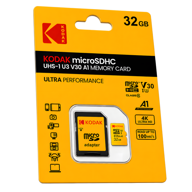 Карта памяти Kodak microSDHC 32GB UHS-I U3 V30 A1 Class 10 до 100MB/s + SD адаптер для телефона, камеры, дрона - Фото 1 Карта памяти Kodak microSDHC 32GB UHS-I U3 V30 A1 Class 10 до 100MB/s + SD адаптер для телефона, камеры, дрона - изображение 1