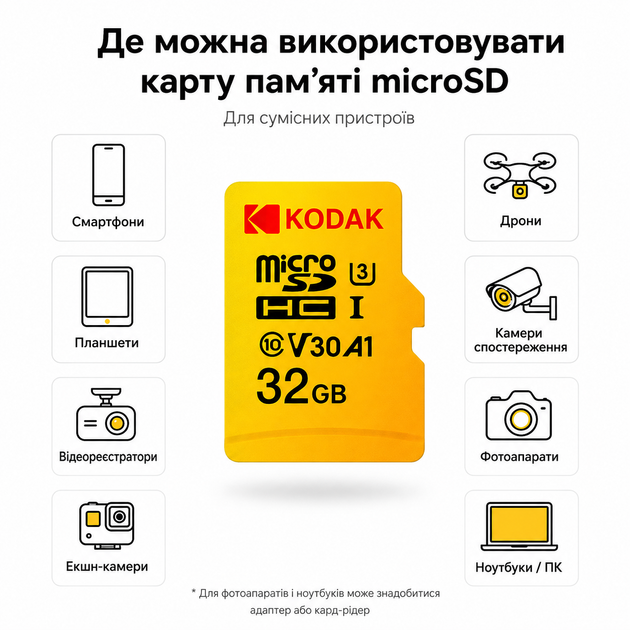Карта памяти Kodak microSDHC 32GB UHS-I U3 V30 A1 Class 10 до 100MB/s + SD адаптер для телефона, камеры, дрона - Фото 4 Карта памяти Kodak microSDHC 32GB UHS-I U3 V30 A1 Class 10 до 100MB/s + SD адаптер для телефона, камеры, дрона - изображение 4