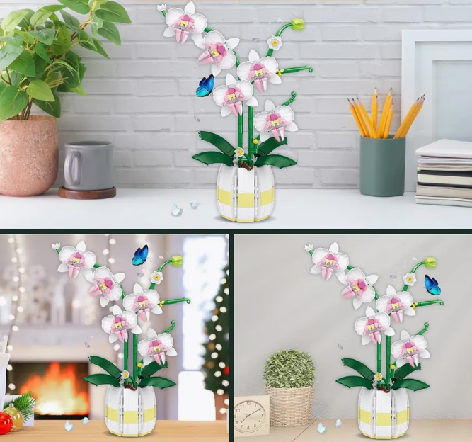 Конструктор 3D цветок Орхидея в горшке Orchirds фигурка мини блоки 616 деталей 24.5x9.6 см (SVS) - изображение 3
