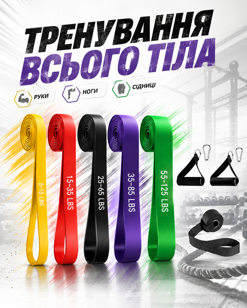 Петли для подтягивания эспандеры для тренировок 5 шт резинки для фитнеса с ручками карабинами и дверным креплением эластичные ленты TPE 5–125 LBS дома и зала йоги пилатеса реабилитации упражнений на руки ноги и ягодицы - изображение 5