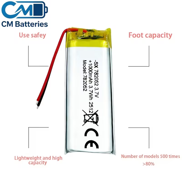 Літій-полімерний акумулятор Li-Po CM 782052 3.7V 1000 mAh із платою захисту PCB — Виводи під пайку (24AWG) - Фото 4 Літій-полімерний акумулятор Li-Po CM 782052 3.7V 1000 mAh із платою захисту PCB — Виводи під пайку (24AWG) - зображення 4