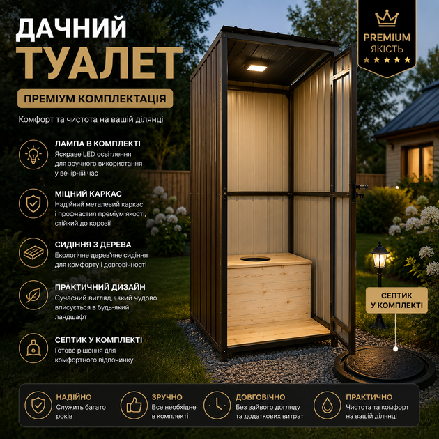 Дачний туалет розбірний металевий 97х97х209 см з деревяним сидінням для дачі та приватного будинку - Фото 1 Дачний туалет розбірний металевий 97х97х209 см з деревяним сидінням для дачі та приватного будинку - зображення 1