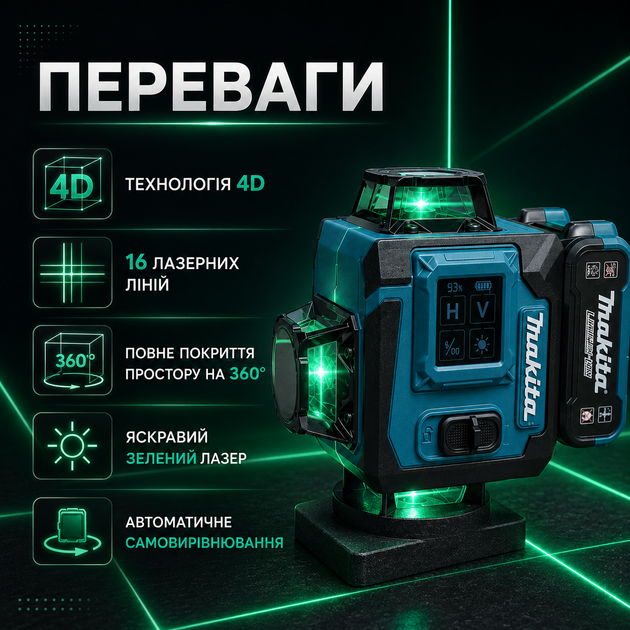 Лазерные уровни Makita Лазерный уровень Makita SK700GDZ 4D Нивелир на 16 зелёных линий Строительный лазер со штативом кейсом и двумя аккумуляторами - изображение 2