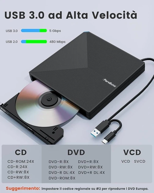 Внешний CD/DVD привод PeroBuno TP620 USB 3.0 + Type-C, запись и чтение дисков, для ноутбука и ПК - изображение 3
