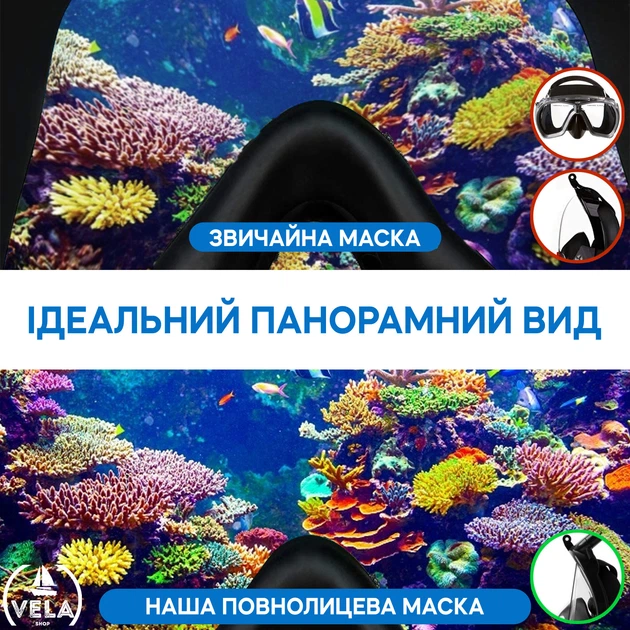 Полнолицевая панорамная L/XL Снорклинг Маска для плаванья VelaSport 1.0 на все лицо для купания ныряния мономаска с трубкой и клапаном с креплением для экшн камеры детские и взрослые Black White - изображение 11