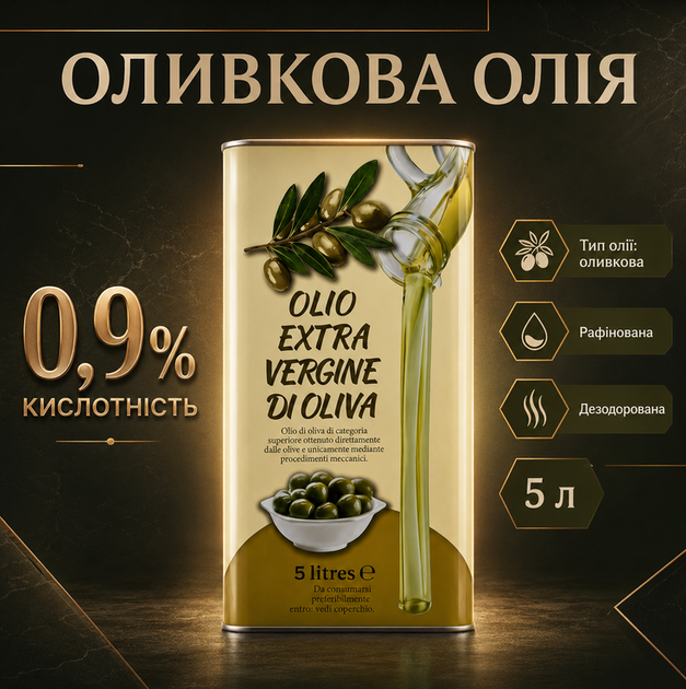 Оливкова олія Extra Vergine Di Oliva 5 л 5000 мл оливкове масло Extra Virgin рафіноване дезодороване харчове рослинне італійське кислотність 0.9% холодного віджиму у металевій тарі - зображення 3