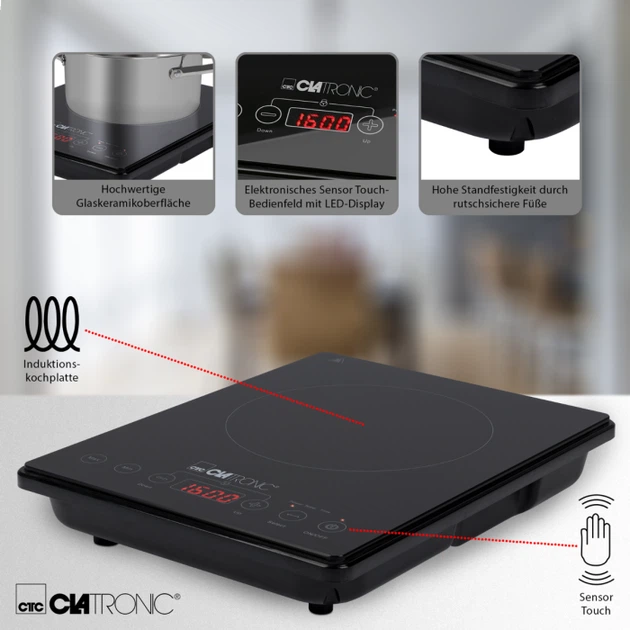 Индукционная плита Clatronic EKI 3569 2000 Вт, 1 конфорка, сенсорное управление, таймер, регулировка температуры, черная - изображение 5