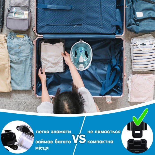Повнолицева панорамна L/XL Снорклінг Маска для плавання VelaSport 1.0 на все обличчя для купання пірнання мономаска з трубкою та клапаном з кріпленням для екшн камери дитячі та дорослі White Turqouise - зображення 7