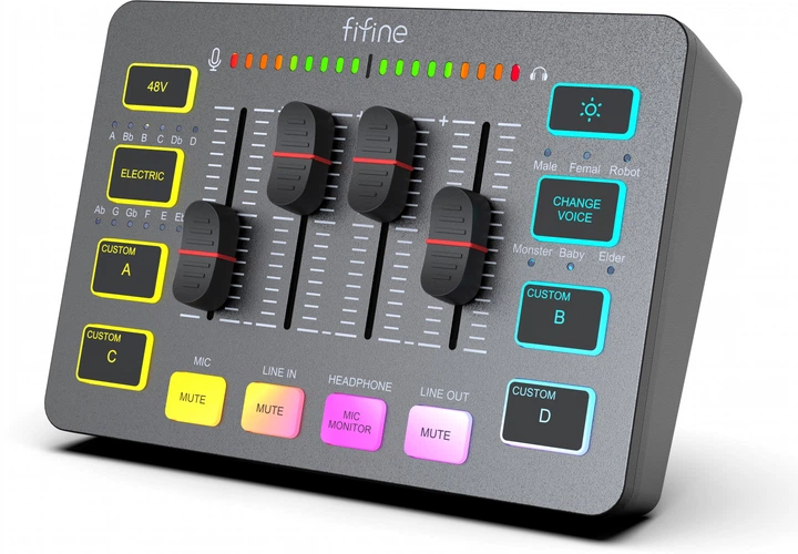 Микшерный пульт Fifine Sound Card SC3 для стриминга и записи звука с фантомным питанием 48V и RGB подсветкой Черный - изображение 2