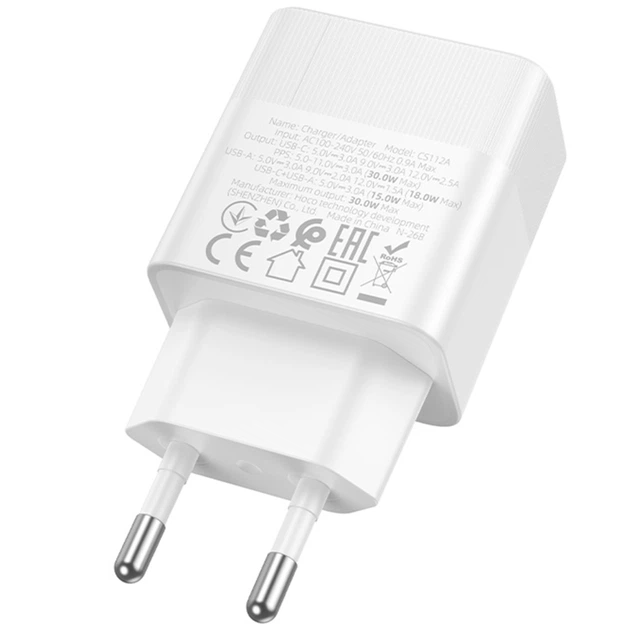 Мережевий зарядний пристрій hoco. CS112A Lounge, PD30W/QC3.0, 2 порти USB-A і Type-C, швидка зарядка 30W White - зображення 4
