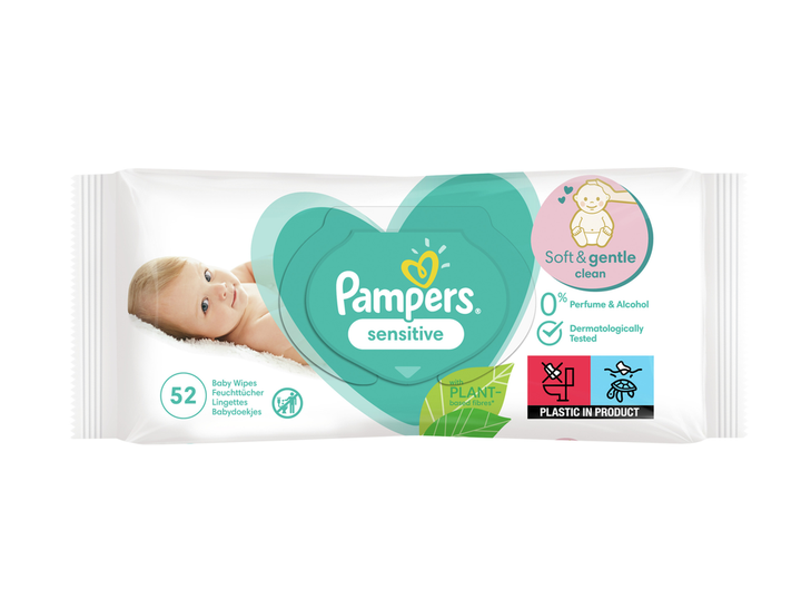 Дитячі вологі серветки Pampers Sensitive, 52 шт. для делікатного догляду за шкірою - Фото 1 Дитячі вологі серветки Pampers Sensitive, 52 шт. для делікатного догляду за шкірою - изображение 1