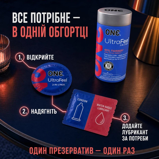 Ультратонкі презервативи ONE UltraFeel 2-in-1 з додатковим лубрикантом на водній основі 2 мл, латексні контрацептиви стандартного розміру 54 мм, 10 шт. у подарунковому тубусі - Фото 3 Ультратонкі презервативи ONE UltraFeel 2-in-1 з додатковим лубрикантом на водній основі 2 мл, латексні контрацептиви стандартного розміру 54 мм, 10 шт. у подарунковому тубусі - зображення 3