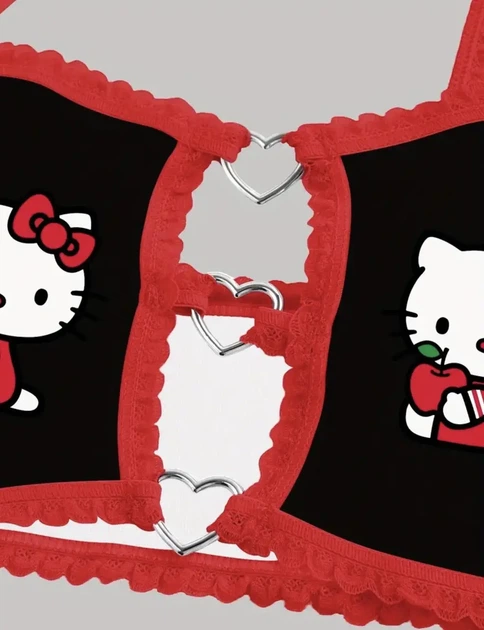 Комплект женского белья Хелоу Кити Топ и трусики Hello Kitty Lingerie Set Аниме Санрио Y2K тренд (черно-красный) M - изображение 3