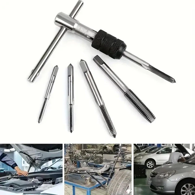 Т-образный вороток с набором метчиков (М3, М4, М5, М6, М8) Tap Wrench метчикодержатель для нарезания внутренней резьбы в отверстиях 3-6 мм, серебристый (108935127) - изображение 3