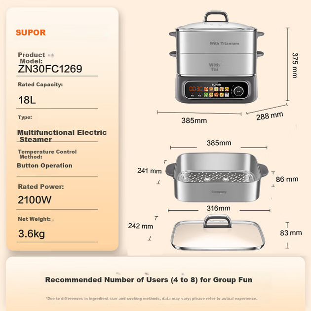 Пароварка SUPOR Titanium электрическая, 18 л, нержавеющая сталь, ZN30FC1269 - изображение 2