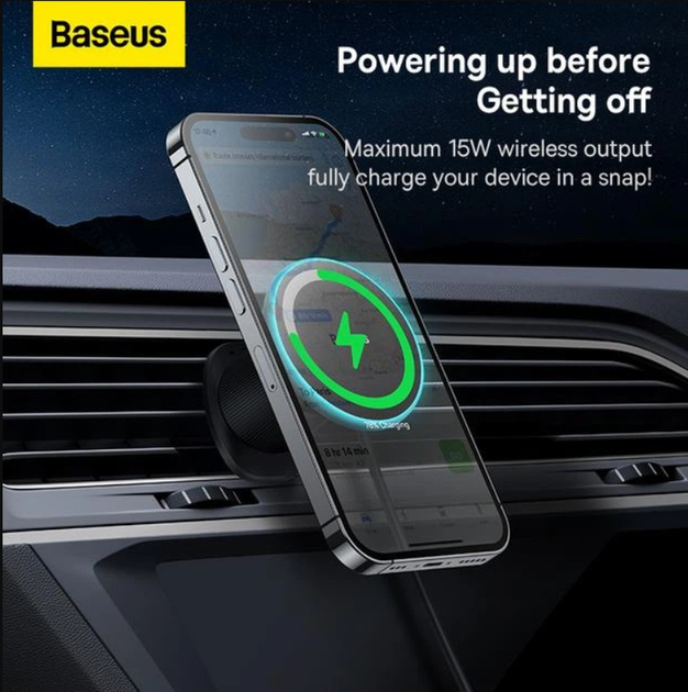 Автодержатель Baseus CW01 MagSafe 15W с беспроводной зарядкой Qi, быстрая зарядка USB 25W, на дефлектор, черный - Фото 4 Автодержатель Baseus CW01 MagSafe 15W с беспроводной зарядкой Qi, быстрая зарядка USB 25W, на дефлектор, черный - изображение 4