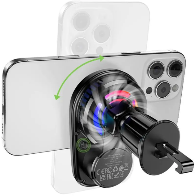Автотримач-кулер Hoco HW36 MagSafe 15W 2в1 з бездротовою зарядкою, електроповоротом і охолодженням, на дефлектор, чорний - зображення 3
