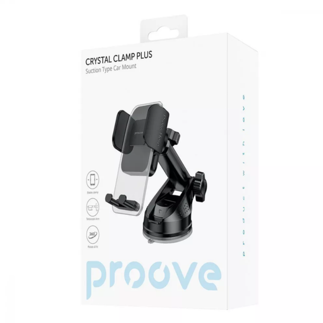Автотримач Proove Crystal Clamp Suction Type Car Mount на панель і скло для телефону 4.7–6.9", механічний, чорний - зображення 3