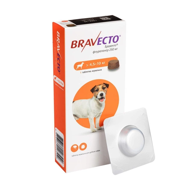 Жевательная таблетка Бравекто Bravecto от блох и клещей для собак 4.5 - 10 кг - Фото 1 Жевательная таблетка Бравекто Bravecto от блох и клещей для собак 4.5 - 10 кг - изображение 1