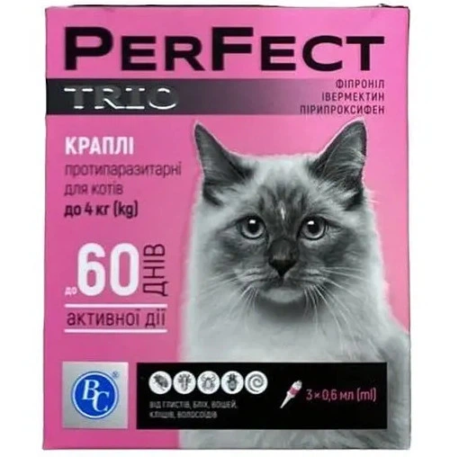 Лікувальний припарат для котів до 4 кг Ветсинтез PerFect TRIO краплі 0,6 мл піпетка - 3 шт - Фото 1 Лікувальний припарат для котів до 4 кг Ветсинтез PerFect TRIO краплі 0,6 мл піпетка - 3 шт - зображення 1