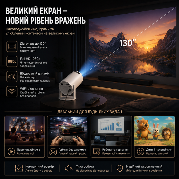 Smart проєктор Full HD 1080p з Wi-Fi, автофокусом, корекцією трапеції та пультом, до 130″, білий - зображення 3
