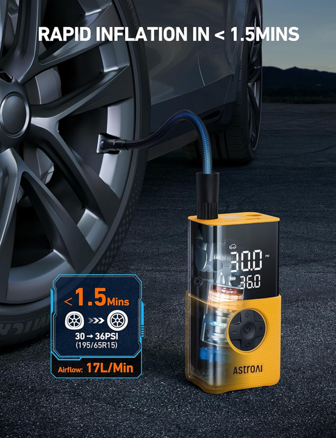 Портативний компресор AstroAI L7S 150 PSI, 4000 мАг, цифровий манометр, автостоп, LED, 5 режимів, жовтий - зображення 5