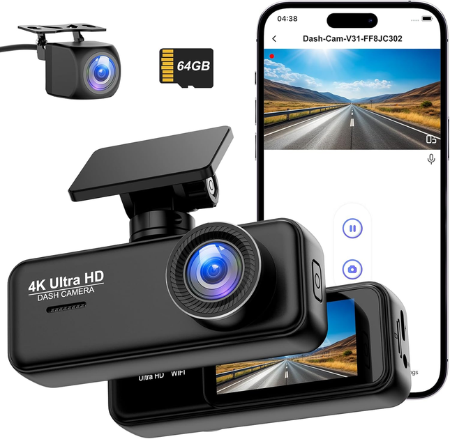 Автомобільний відеореєстратор Penemay V31 4K+1080P, 2 камери, Wi-Fi, 64 ГБ, G-Sensor, 24/7 Parking, екран 1.97 - зображення 2