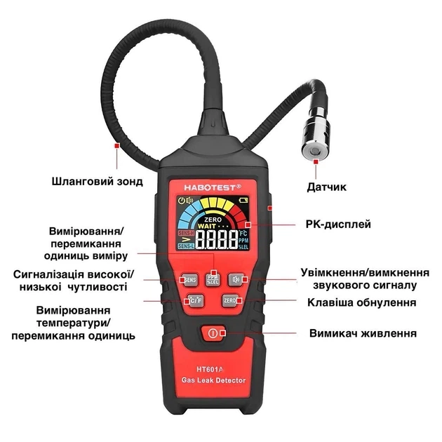 Детектор утечки газа HABOTEST HT601B газовый анализатор со звуковым и экранным сигналом, черно-красный - изображение 6