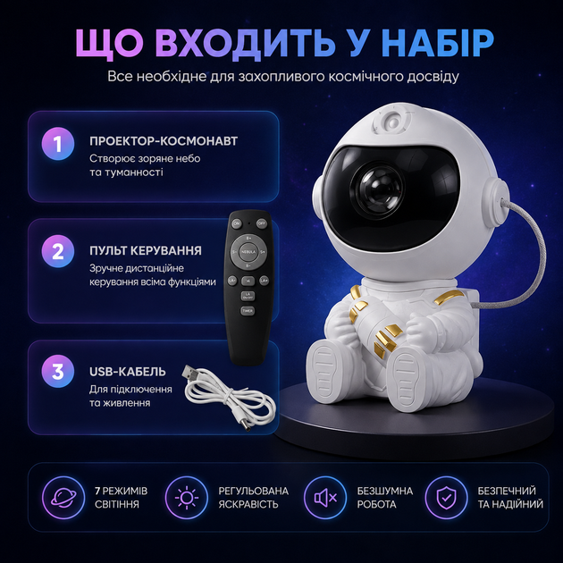 Нічник-проектор «Космонавт» зоряне небо з пультом, 7 режимів світіння, регулювання яскравості, USB - изображение 5