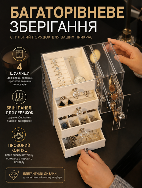 Белая многоуровневая шкатулка-органайзер для украшений с бархатной прокладкой для колец, серег, цепочек и браслетов, 4 выдвижных ящика, 2 боковых отделения, 21×18×13 см - изображение 6