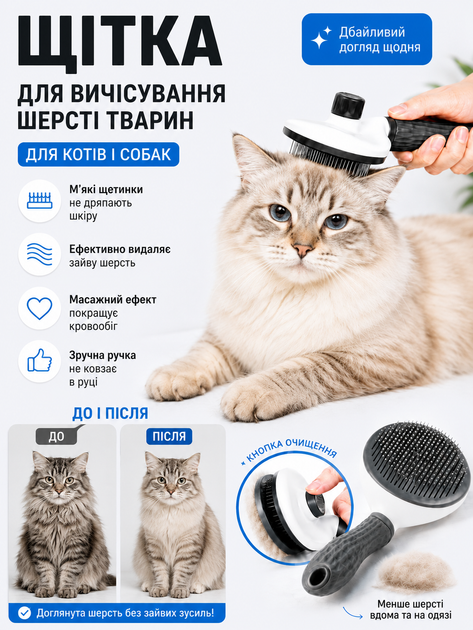 Щетка-пуходерка самоочищающаяся для собак и котов (Серая) - изображение 3
